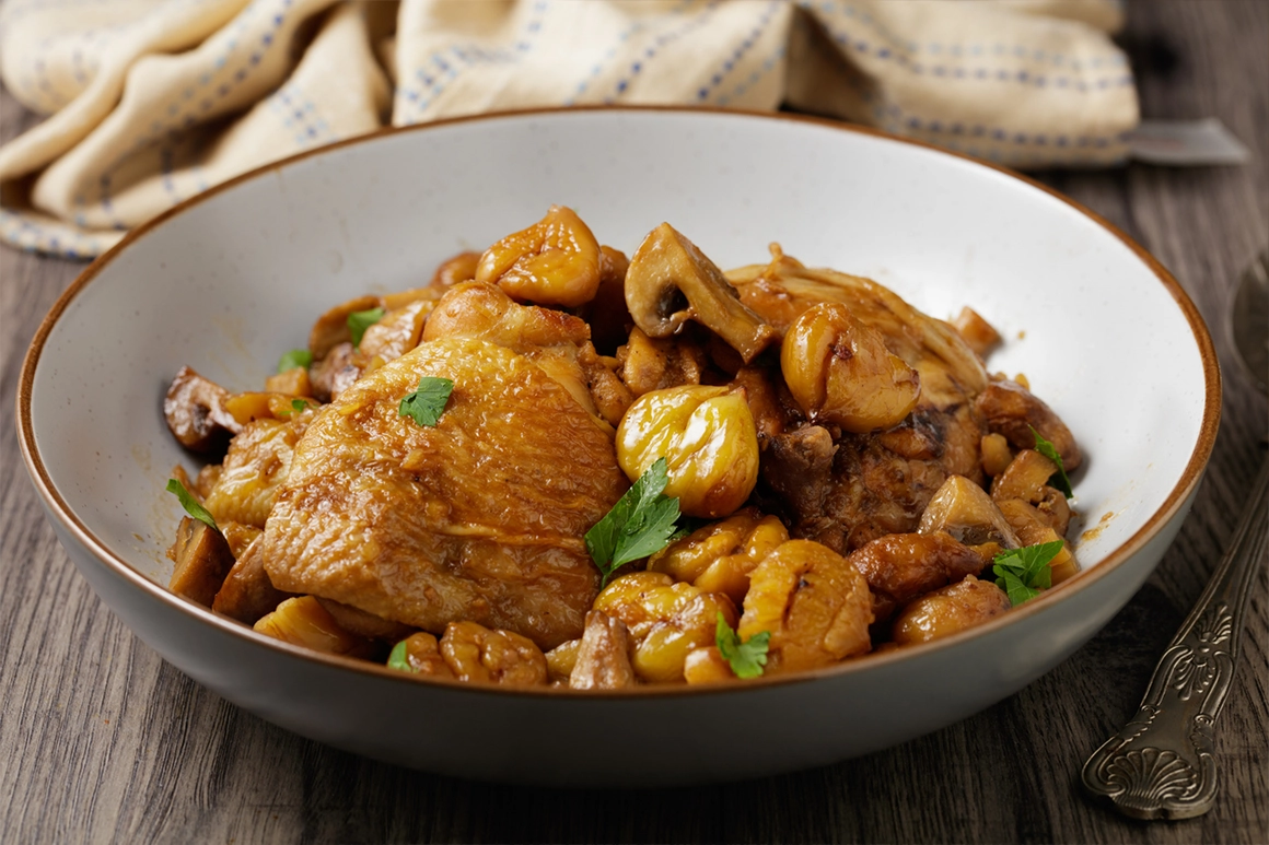 Roast chicken with chestnuts and apples